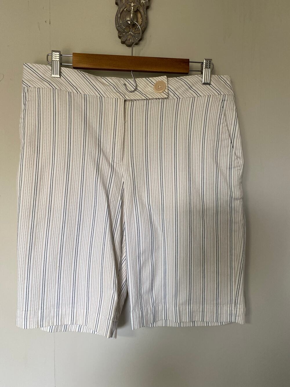 Talbots Cotton Blend flat Front Stripe Bermuda shorts Black White Tan 12 Y2K